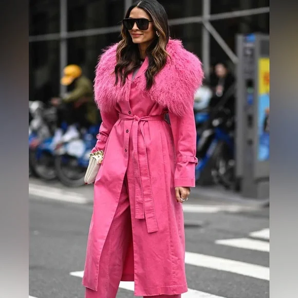 Lapointe Vibrant Pink Fur-Trimmed Trench Coat - Picture 4 of 6